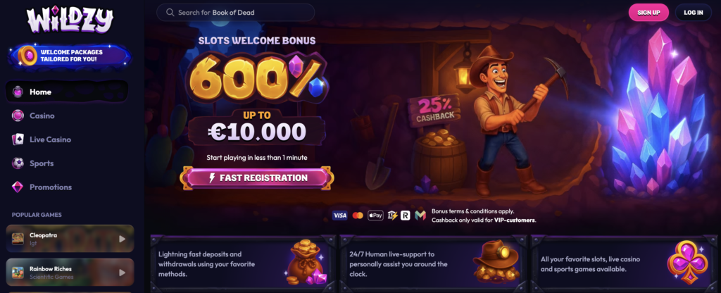 Wildzy Casino offering bonus buy slots.